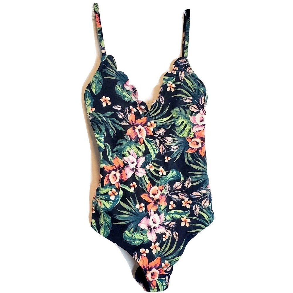 Vanilla Beach Black Floral One Piece Swimsuit Scallop V-Neck Sz XS Women's